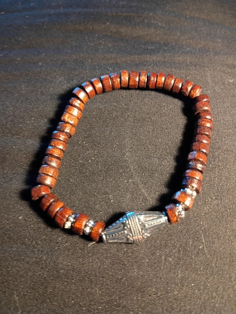Wood Bead Stretch Bracelet with Detailed Silver Accent